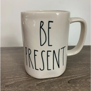 Rae Dunn Coffee Mug Be Present White Black Ceramic Letters Script Magenta